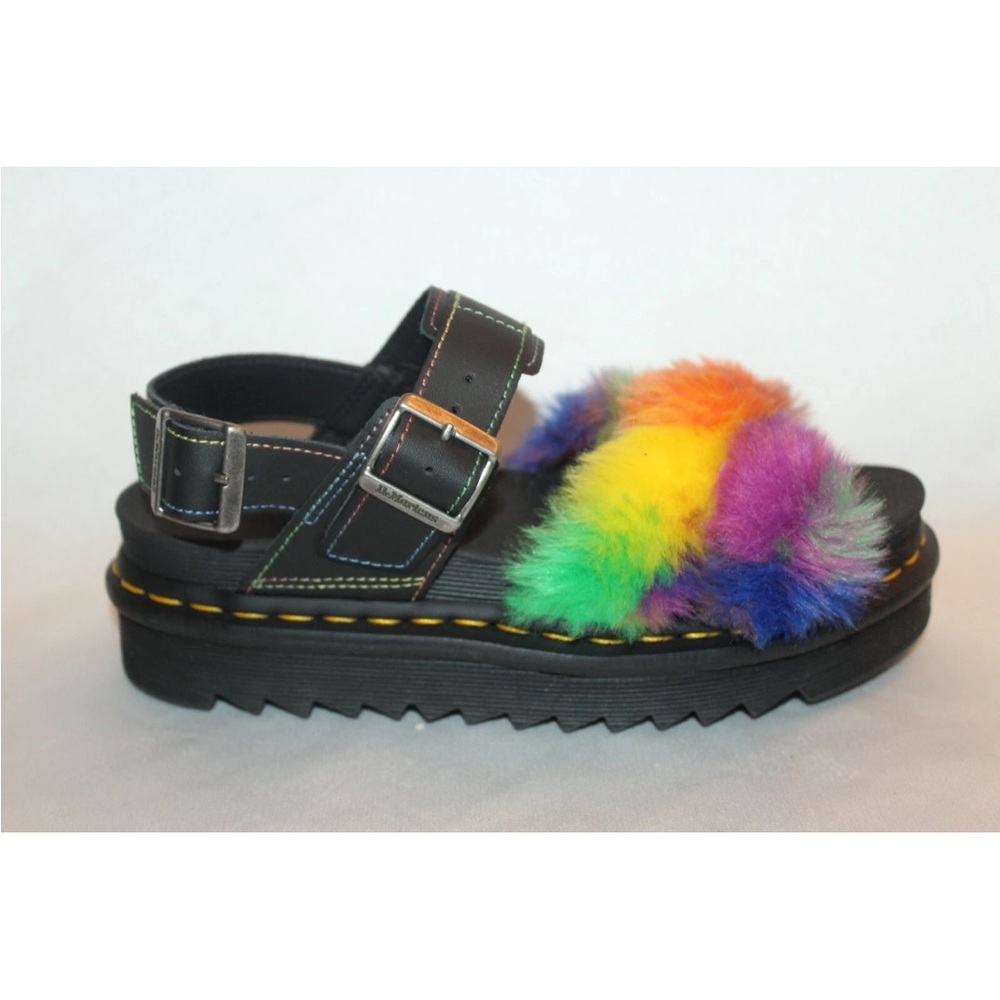 NEW! Dr. Martens Black Sandals with Multicolor Fur - Picture 3 of 11
